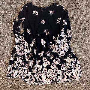 Black and Pink Floral Long Sleeve Babydoll Style Dress Small